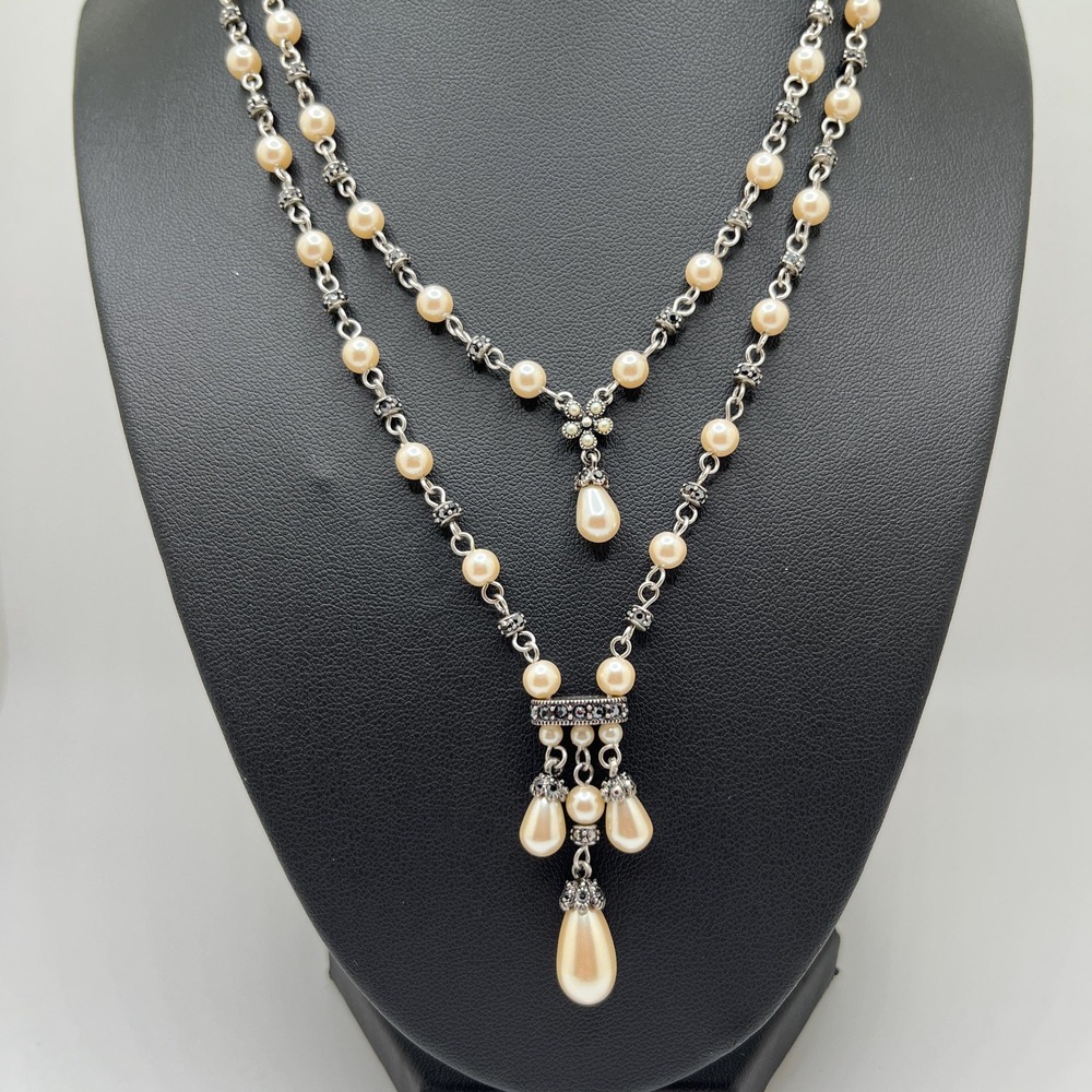 Vintage Faux Pearl & Rhinestone Bead Double Strand Tassel Teardrop Necklace